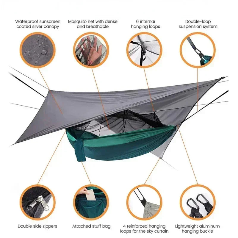 Hamac double de camping extérieur 260x140cm avec moustiquaire et bâche anti-pluie, hamac léger en parachute pour la randonnée et les voyages