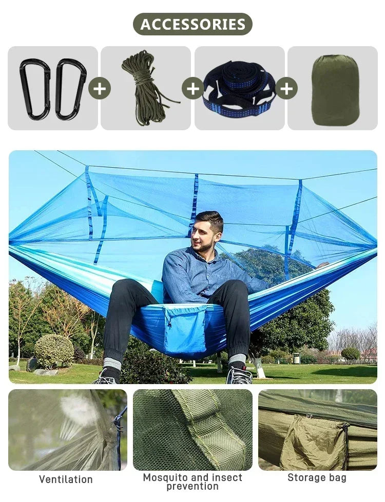 Hamac double de camping extérieur 260x140cm avec moustiquaire et bâche anti-pluie, hamac léger en parachute pour la randonnée et les voyages