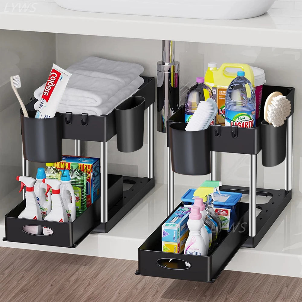 Organisateur de rangement à 2 niveaux sous évier, panier coulissant avec crochets, support pour tasses suspendues, pour salle de bain ou cuisine.