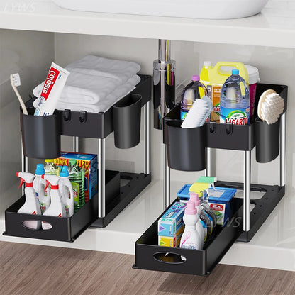 Organisateur de rangement à 2 niveaux sous évier, panier coulissant avec crochets, support pour tasses suspendues, pour salle de bain ou cuisine.