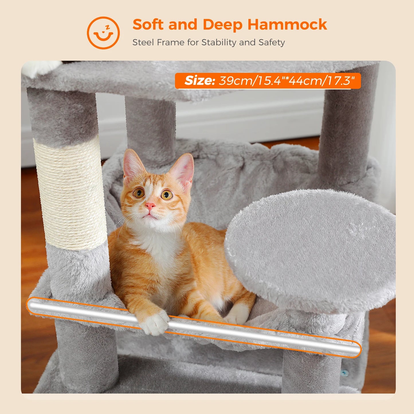 Grand arbre à chat multi-niveaux avec hamac, niches et griffoirs en sisal
