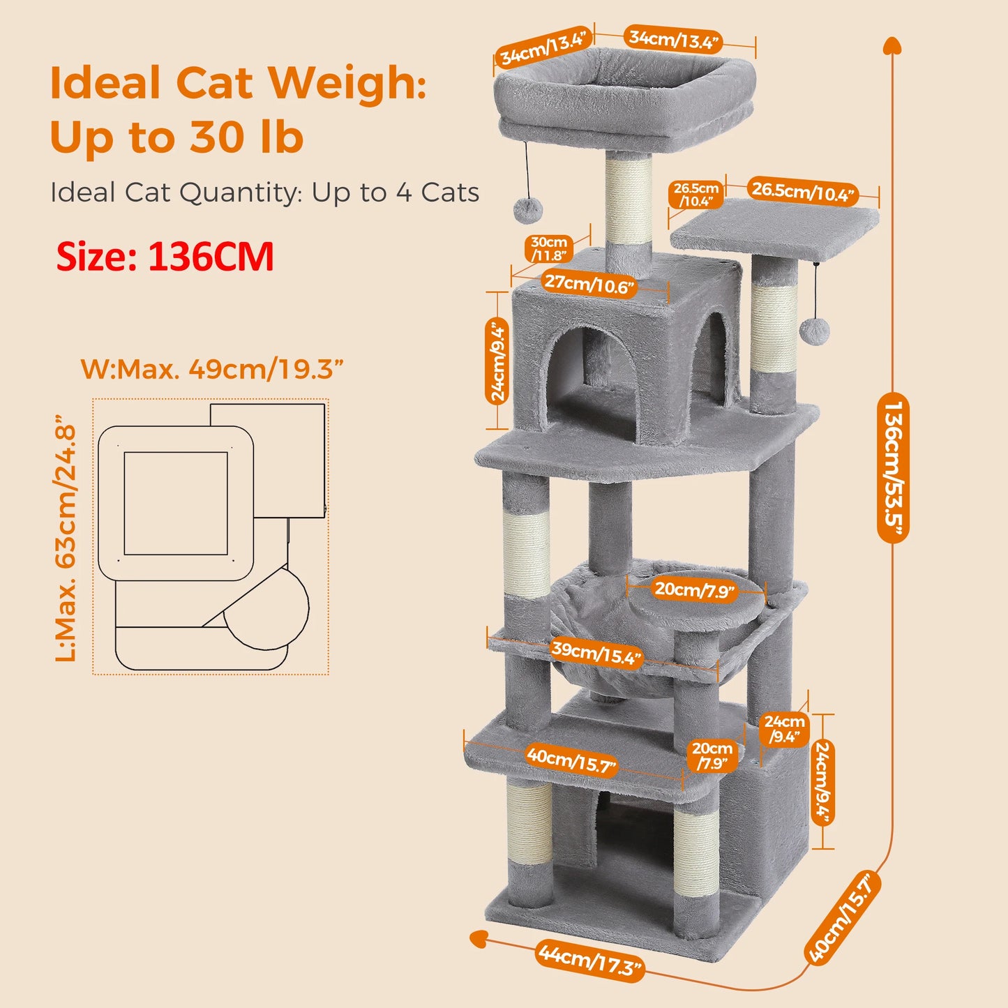 Grand arbre à chat multi-niveaux avec hamac, niches et griffoirs en sisal
