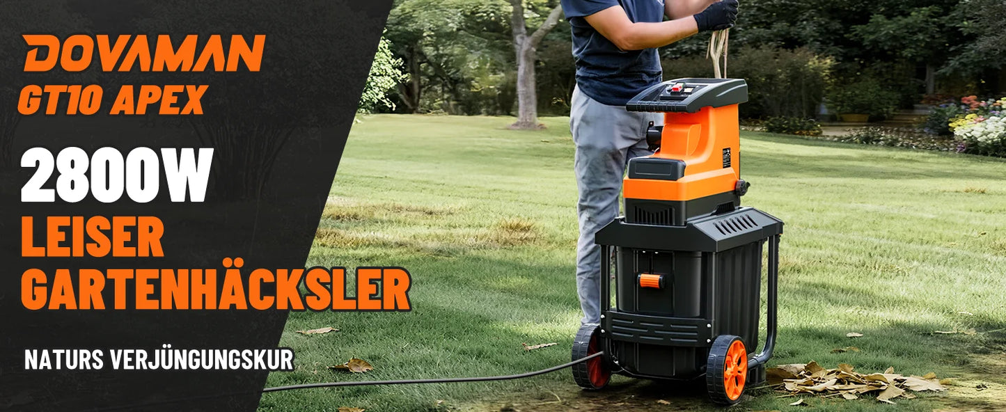 Broyeur de jardin DOVAMAN 2800 W, moteur sans balais 400 Nm, rouleau à 6 dents, capacité de 45 mm, bac de 60 L, silencieux et protégé contre les surcharges