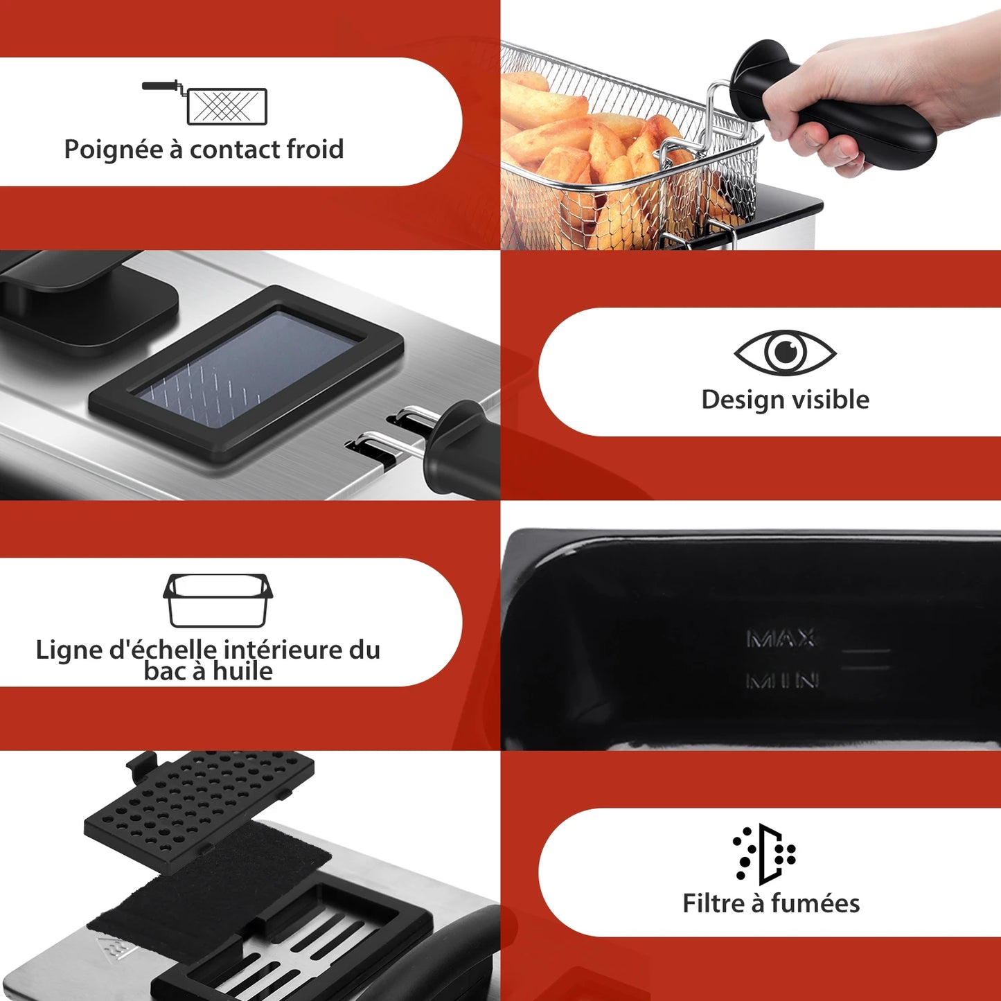 Friteuse Aigostar 2200 W, capacité 3 litres, avec hublot, thermostat et cuve amovible.