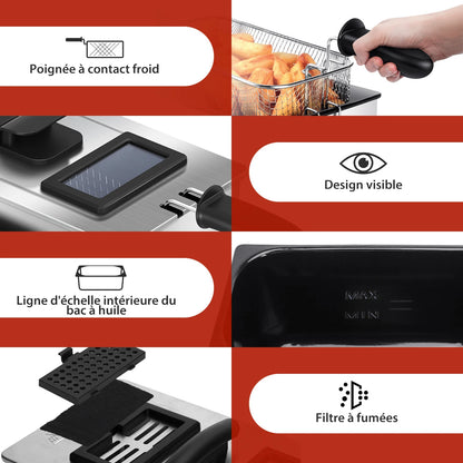 Friteuse Aigostar 2200 W, capacité 3 litres, avec hublot, thermostat et cuve amovible.