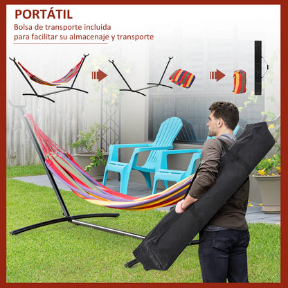 Hamac Outsunny avec support en acier portable, hauteur réglable sur 6 niveaux, sac de transport inclus, supporte jusqu'à 120 kg, pour jardin, multicolore.