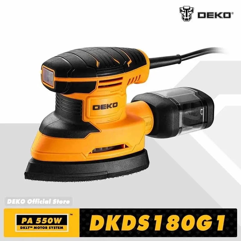 Ponceuse électrique DEKO 220 V, 13 000 tr/min, avec 3 plateaux de ponçage et 12 feuilles de papier de verre, système d'aspiration des poussières, pour le travail du bois.