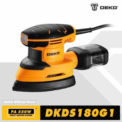Ponceuse électrique DEKO 220 V, 13 000 tr/min, avec 3 plateaux de ponçage et 12 feuilles de papier de verre, système d'aspiration des poussières, pour le travail du bois.