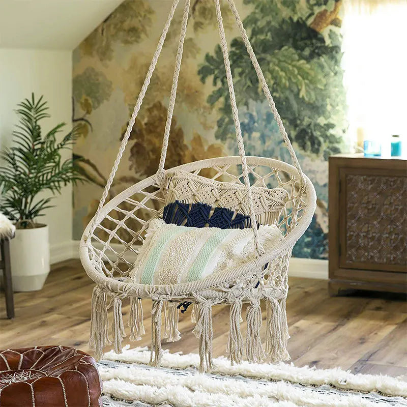 Fauteuil suspendu hamac, fauteuil suspendu en corde de coton avec coussin et kit de fixation, fauteuil suspendu.
