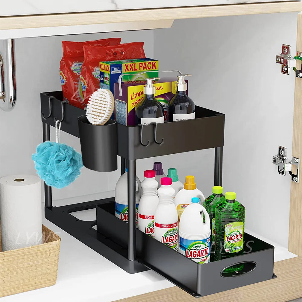 Organisateur de rangement à 2 niveaux sous évier, panier coulissant avec crochets, support pour tasses suspendues, pour salle de bain ou cuisine.