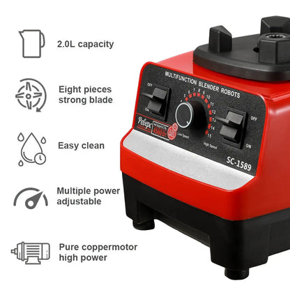 Mixeur électrique 2 en 1 2000 W haute puissance, robuste et professionnel, pour smoothies et autres préparations culinaires.