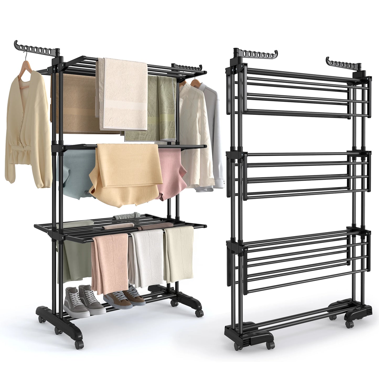 Séchoir à vêtements à 4 niveaux avec roues, pliable, 63,5 x 125,5 x 173 cm, grande capacité, usage intérieur et extérieur, noir