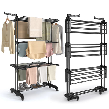 Séchoir à vêtements à 4 niveaux avec roues, pliable, 63,5 x 125,5 x 173 cm, grande capacité, usage intérieur et extérieur, noir