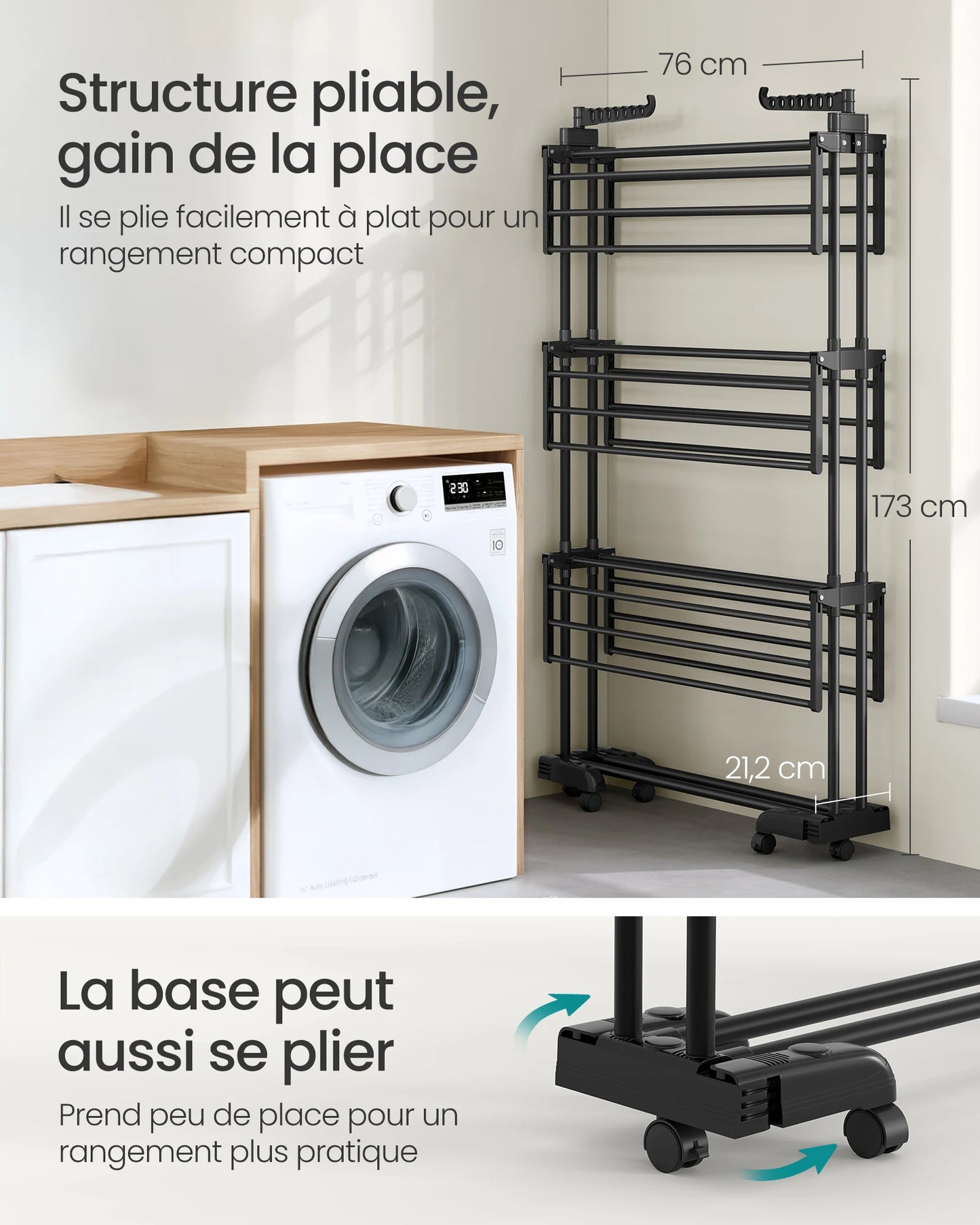 Séchoir à vêtements à 4 niveaux avec roues, pliable, 63,5 x 125,5 x 173 cm, grande capacité, usage intérieur et extérieur, noir