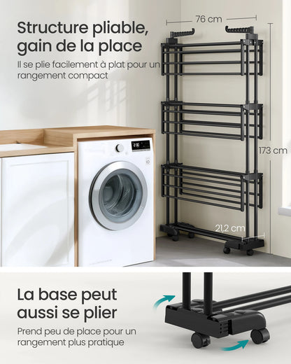 Séchoir à vêtements à 4 niveaux avec roues, pliable, 63,5 x 125,5 x 173 cm, grande capacité, usage intérieur et extérieur, noir