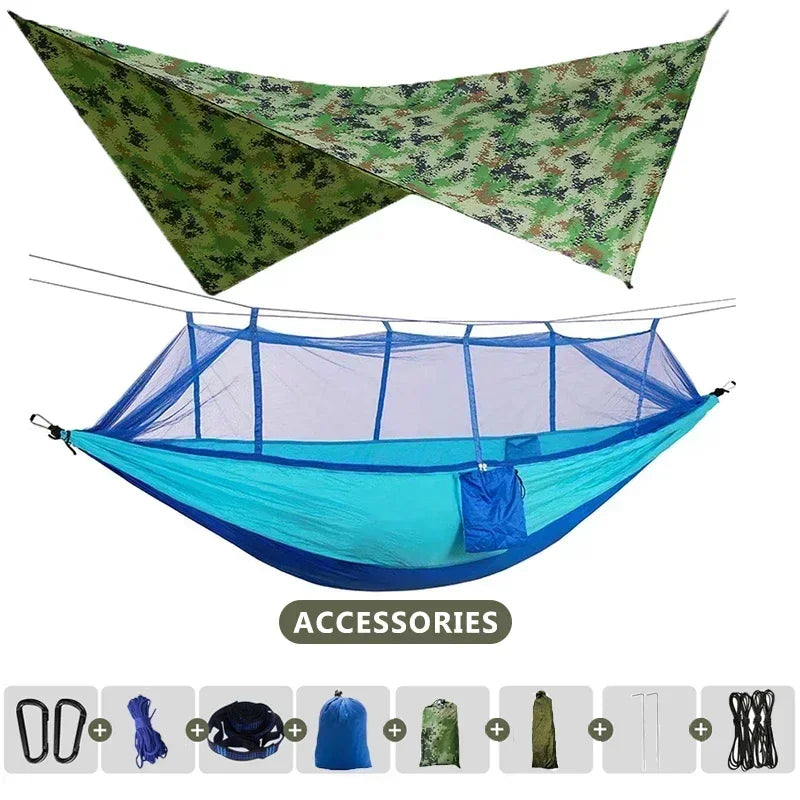 Hamac double de camping extérieur 260x140cm avec moustiquaire et bâche anti-pluie, hamac léger en parachute pour la randonnée et les voyages
