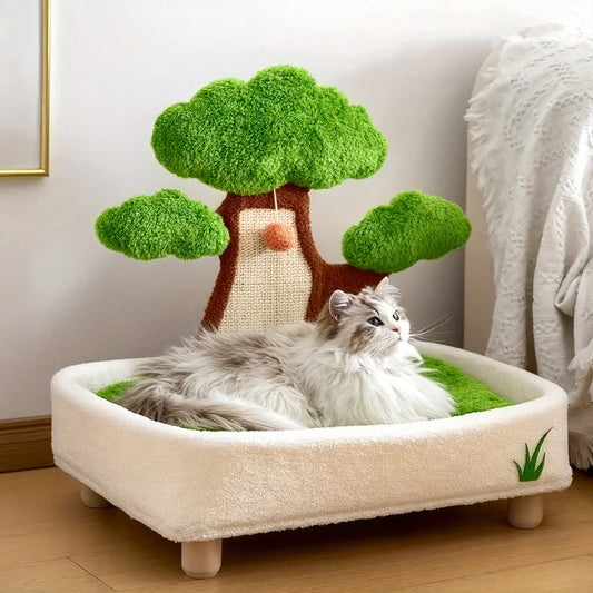 Lit et griffoir 2 en 1 pour chat, motif pin, avec coussin amovible et lavable, nid douillet toutes saisons.