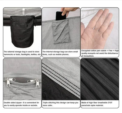 Hamac double de camping extérieur 260x140cm avec moustiquaire et bâche anti-pluie, hamac léger en parachute pour la randonnée et les voyages