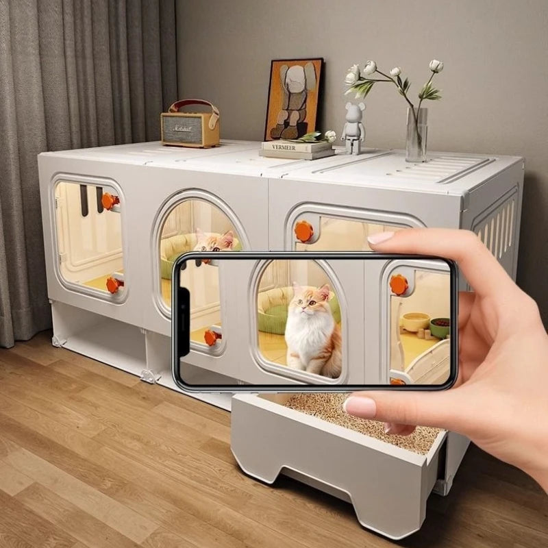 Grande maison pour chat avec tiroir transparent, avec compartiment de rangement.