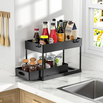 Organisateur de rangement à 2 niveaux sous évier, panier coulissant avec crochets, support pour tasses suspendues, pour salle de bain ou cuisine.