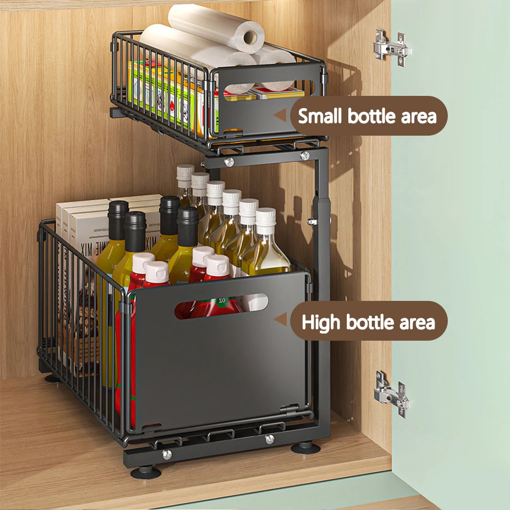 Organisateur de placard coulissant à 2 niveaux, étagère de rangement de cuisine réglable, organisateur sous évier, étagère de rangement pour pots à épices, tiroir coulissant
