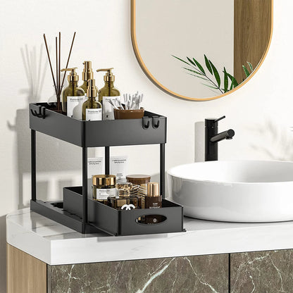 Organisateur de rangement à 2 niveaux sous évier, panier coulissant avec crochets, support pour tasses suspendues, pour salle de bain ou cuisine.