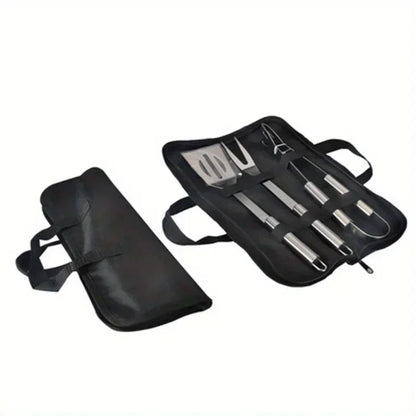 Ensemble d'ustensiles de barbecue portables avec sac, comprenant fourchettes, pinces, pelles et autres accessoires en acier inoxydable pour le camping et la cuisine.