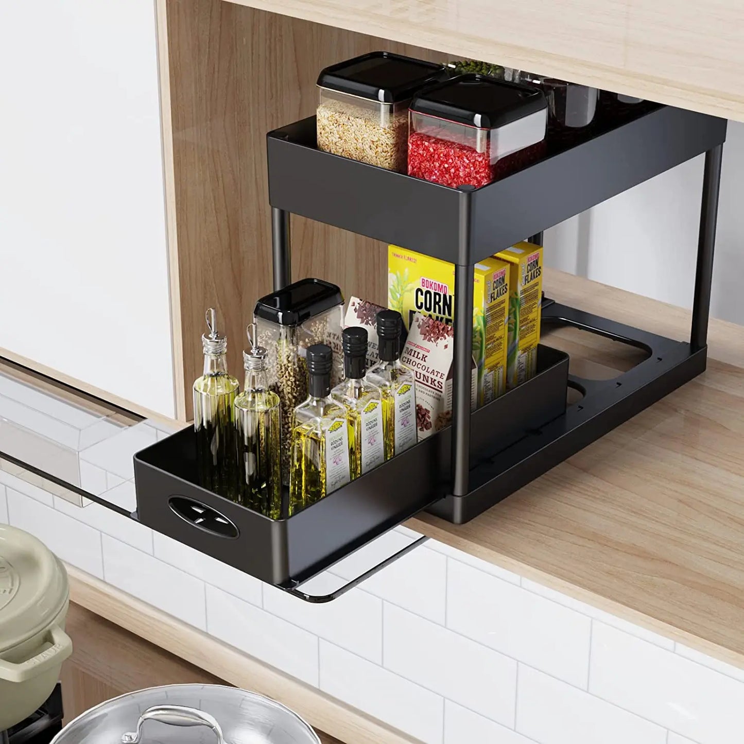 Organisateur de rangement à 2 niveaux sous évier, panier coulissant avec crochets, support pour tasses suspendues, pour salle de bain ou cuisine.