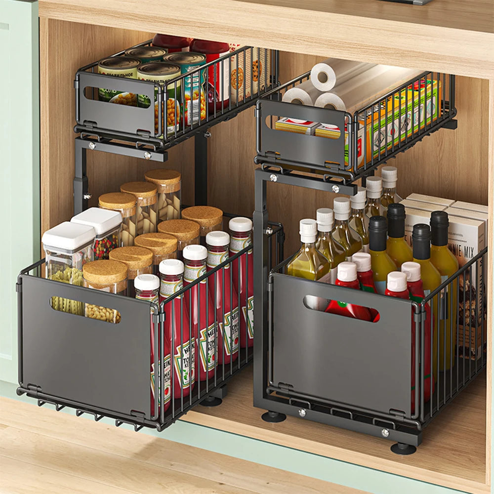 Organisateur de placard coulissant à 2 niveaux, étagère de rangement de cuisine réglable, organisateur sous évier, étagère de rangement pour pots à épices, tiroir coulissant