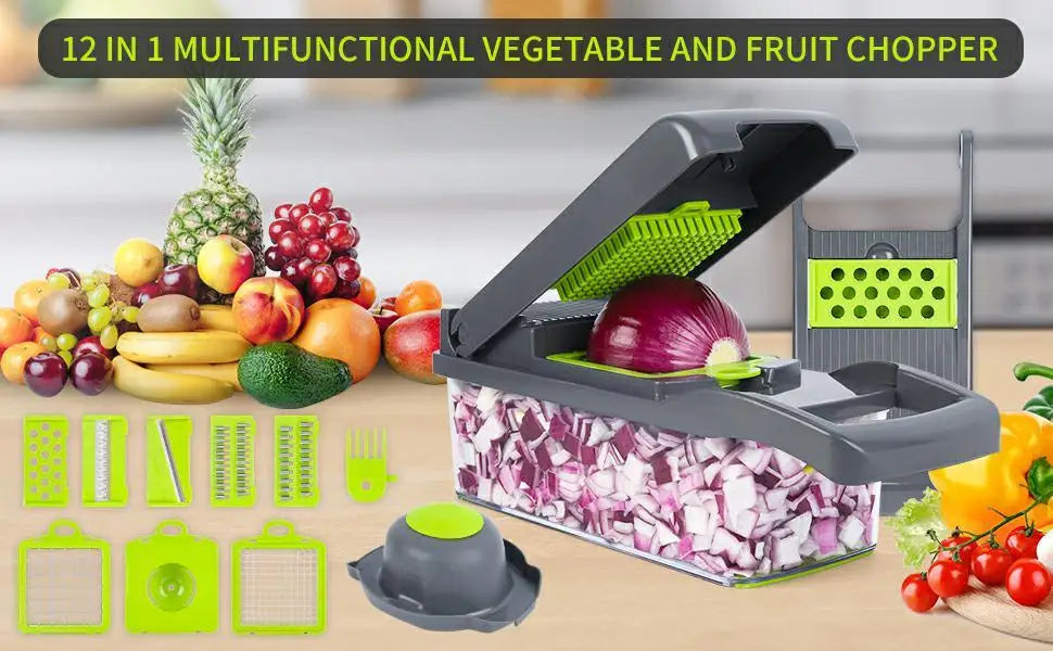 Hachoir à légumes multifonctionnel 12/22 en 1, hachoir manuel, râpe à pommes de terre, trancheuse à légumes avec récipient, ustensile de cuisine