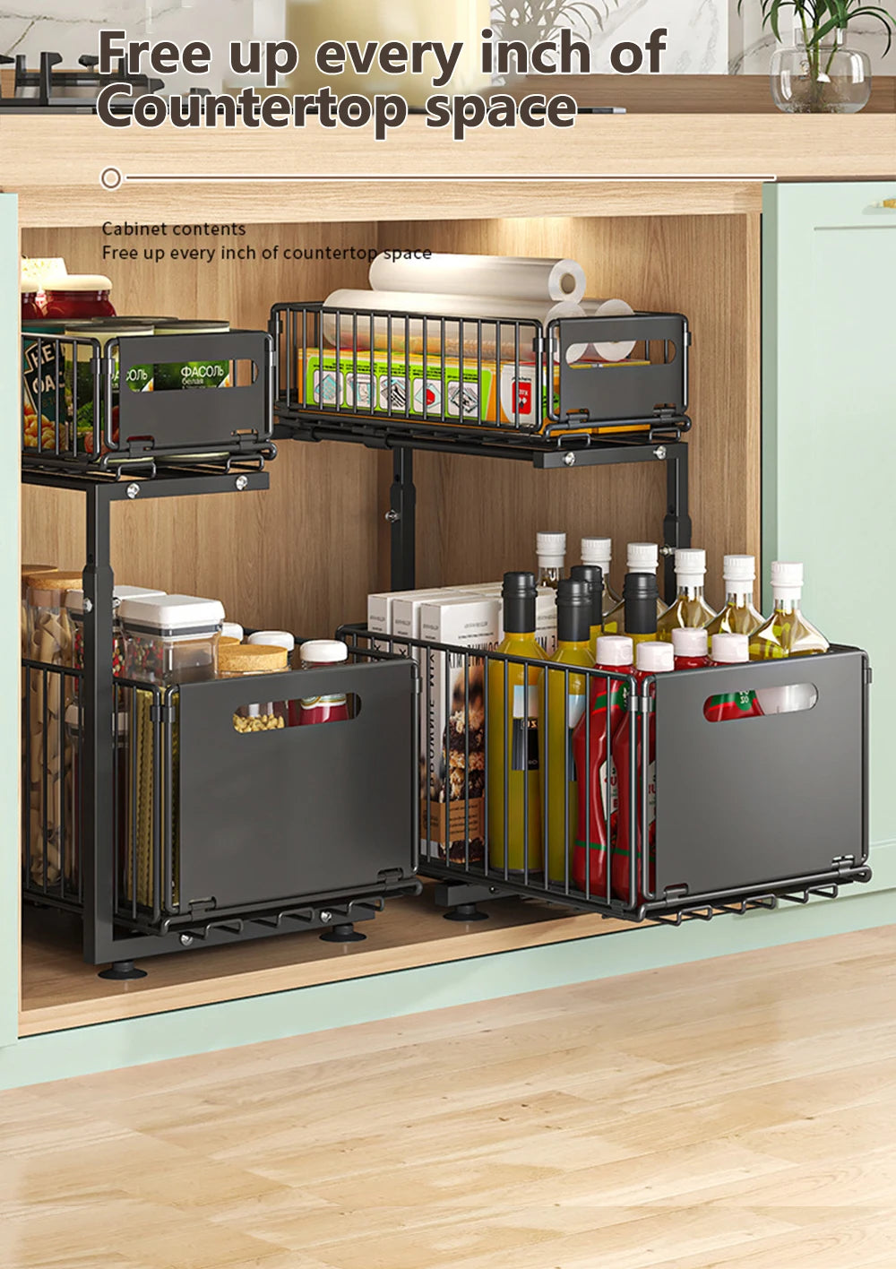Organisateur de placard coulissant à 2 niveaux, étagère de rangement de cuisine réglable, organisateur sous évier, étagère de rangement pour pots à épices, tiroir coulissant