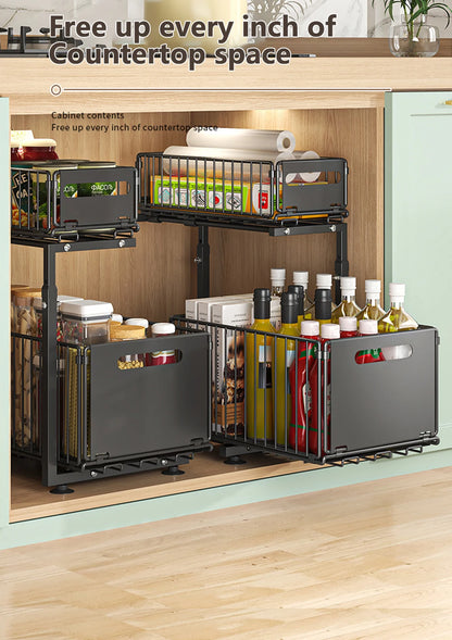 Organisateur de placard coulissant à 2 niveaux, étagère de rangement de cuisine réglable, organisateur sous évier, étagère de rangement pour pots à épices, tiroir coulissant