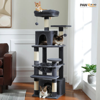 Grand arbre à chat multi-niveaux avec hamac, niches et griffoirs en sisal