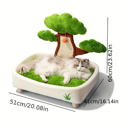 Lit et griffoir 2 en 1 pour chat, motif pin, avec coussin amovible et lavable, nid douillet toutes saisons.