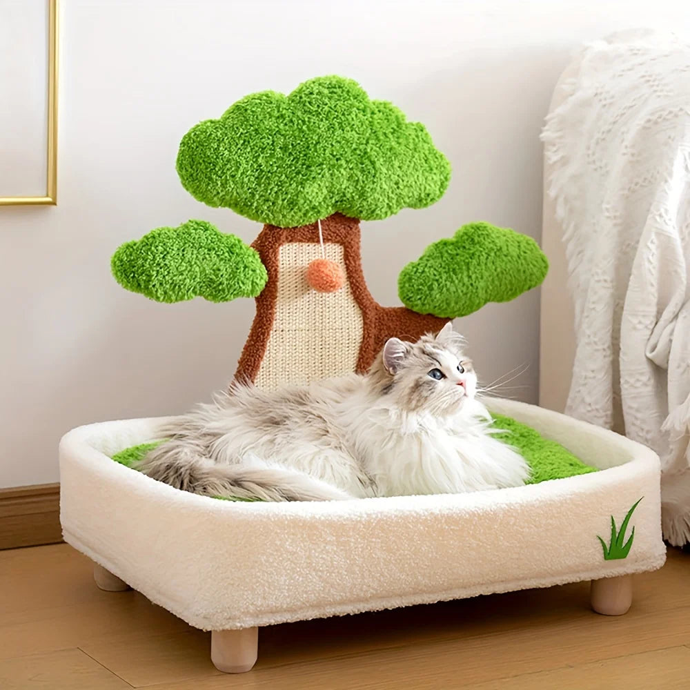 Lit et griffoir 2 en 1 pour chat, motif pin, avec coussin amovible et lavable, nid douillet toutes saisons.