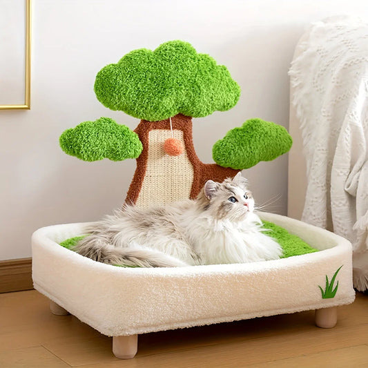 Lit et griffoir 2 en 1 pour chat, motif pin, avec coussin amovible et lavable, nid douillet toutes saisons.