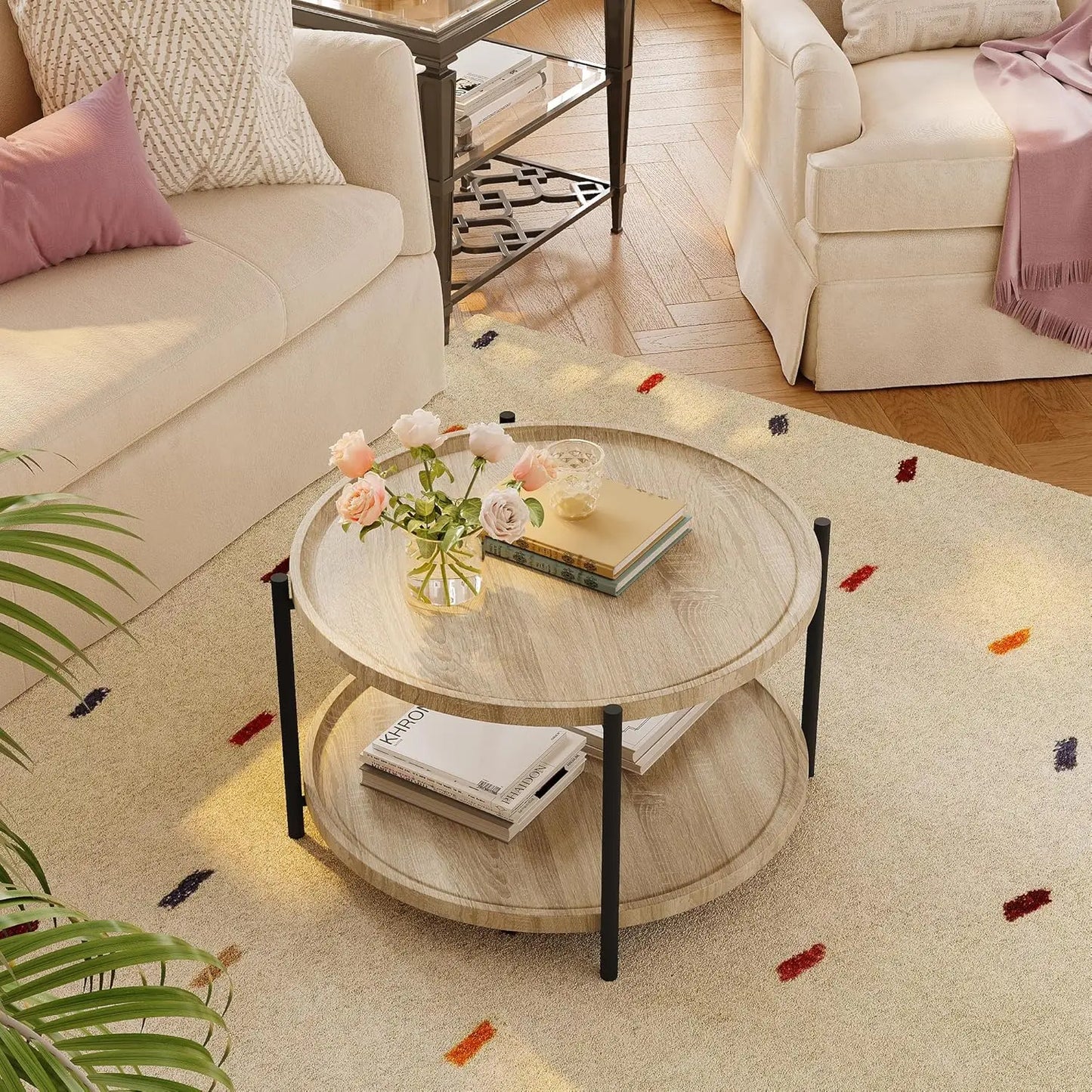 Table basse ronde de 75 cm avec rangement à 2 niveaux, plateau en bois et cadre en métal, table centrale.