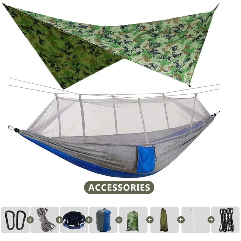 Hamac double de camping extérieur 260x140cm avec moustiquaire et bâche anti-pluie, hamac léger en parachute pour la randonnée et les voyages