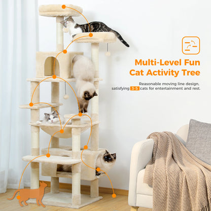 Grand arbre à chat multi-niveaux avec hamac, niches et griffoirs en sisal