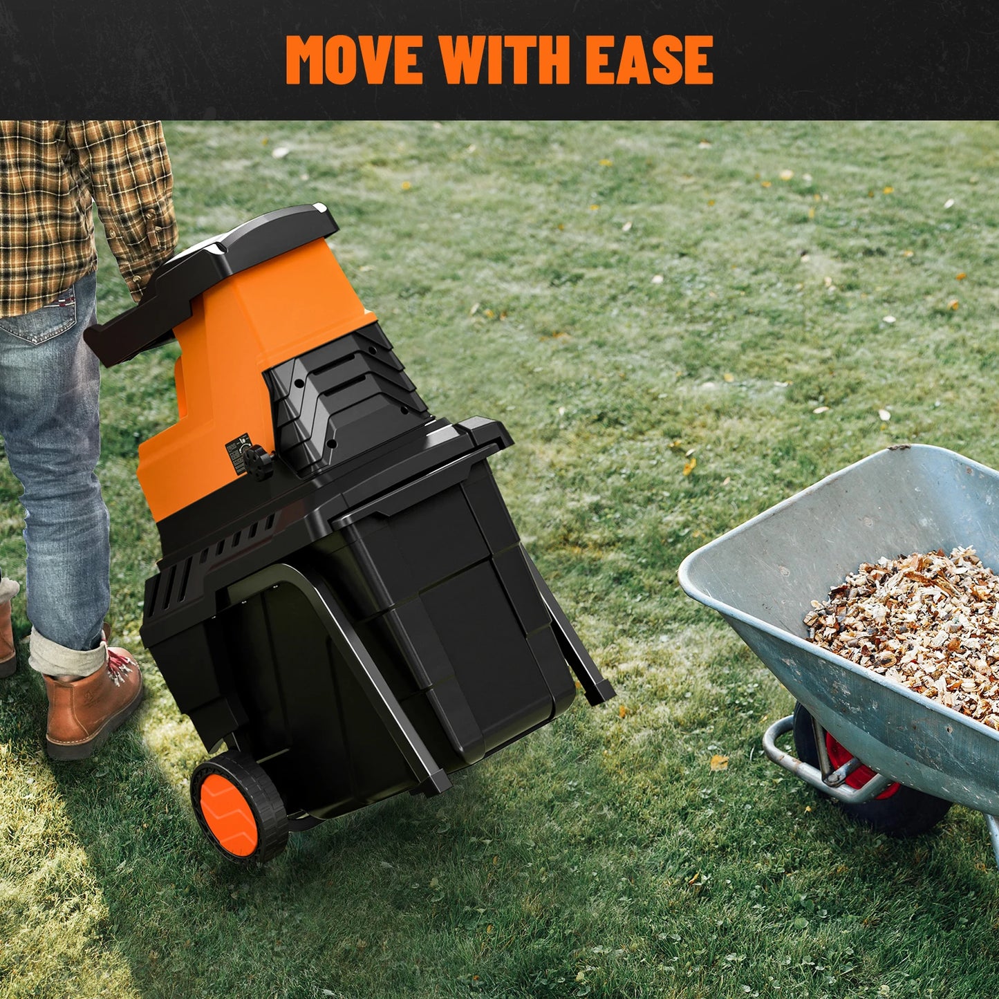 Broyeur de branches DOVAMAN, moteur sans balais de 2500 W, rouleau à 8 dents, broie les branches sèches jusqu'à 40 mm, bac de 55 L, protection contre les surcharges