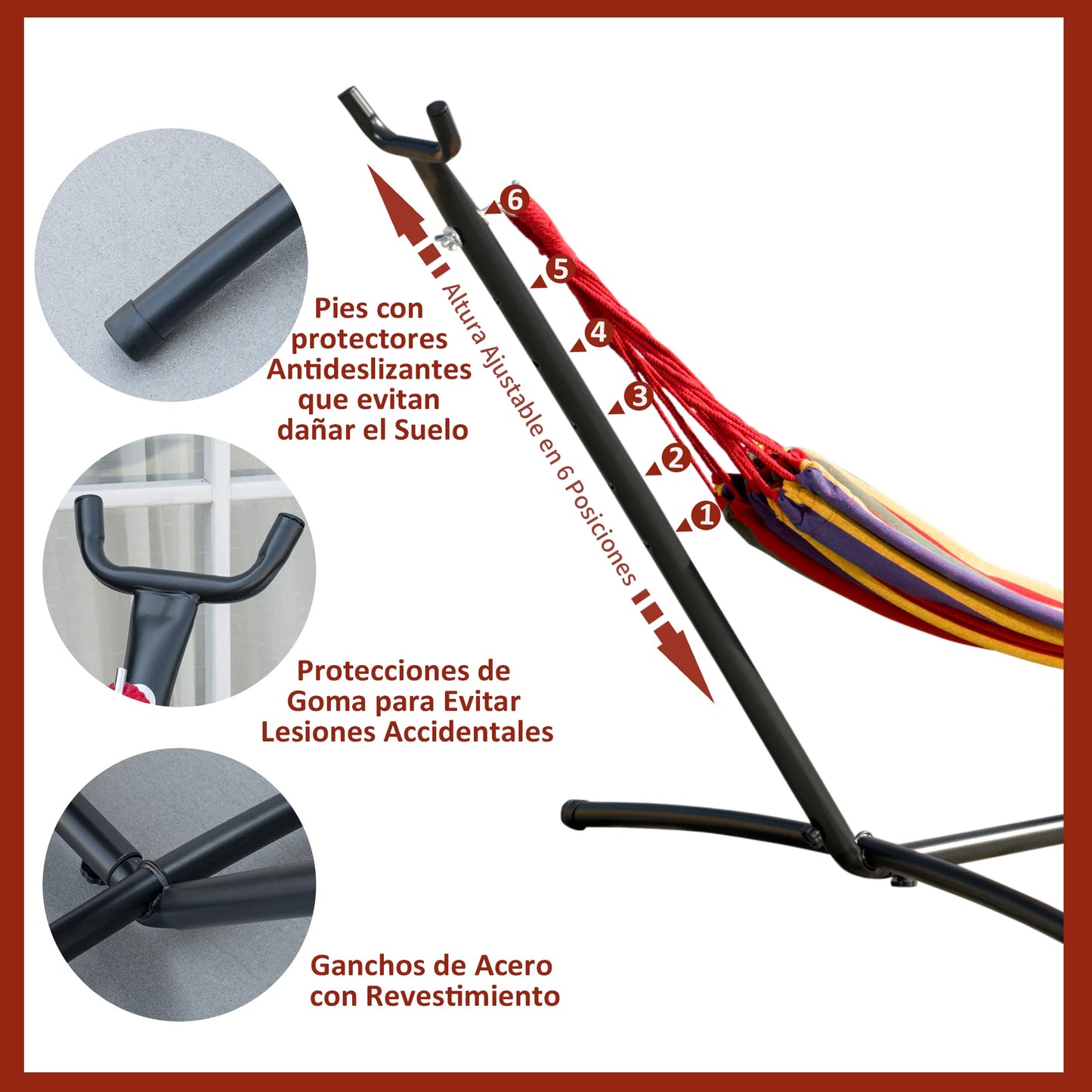 Hamac Outsunny avec support en acier portable, hauteur réglable sur 6 niveaux, sac de transport inclus, supporte jusqu'à 120 kg, pour jardin, multicolore.