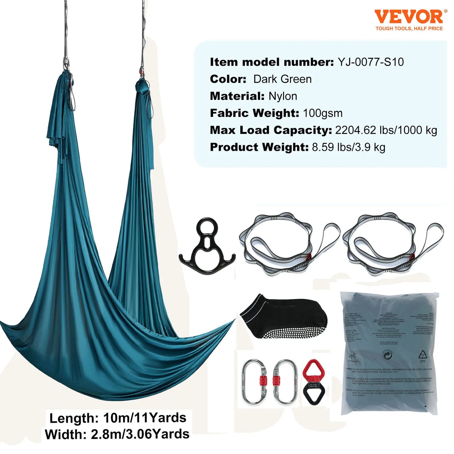 SucceBuy Hamac et balançoire de yoga aérien 8,7/11 yards, kit de démarrage de yoga avec sangle en tissu de soie aérienne, accessoire pour tous les niveaux.
