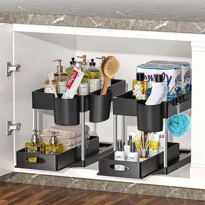 Organisateur de rangement à 2 niveaux sous évier, panier coulissant avec crochets, support pour tasses suspendues, pour salle de bain ou cuisine.