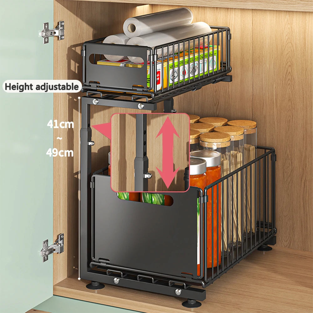 Organisateur de placard coulissant à 2 niveaux, étagère de rangement de cuisine réglable, organisateur sous évier, étagère de rangement pour pots à épices, tiroir coulissant