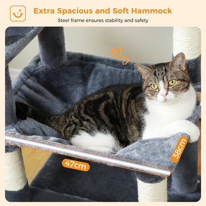 Grand arbre à chat multi-niveaux avec hamac, niches et griffoirs en sisal