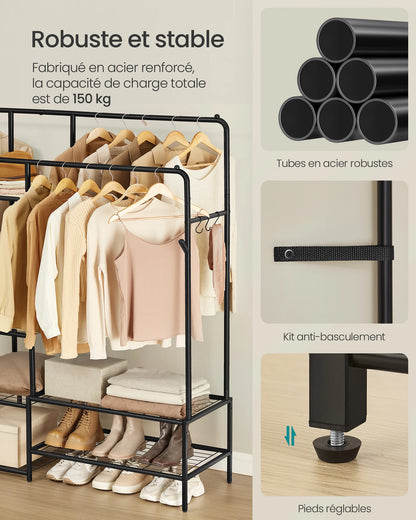 SONGMICS Porte-vêtements, armoire ouverte, porte-manteau avec 7 étagères, cadre en métal, rails suspendus, noir