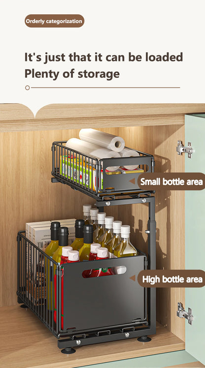 Organisateur de placard coulissant à 2 niveaux, étagère de rangement de cuisine réglable, organisateur sous évier, étagère de rangement pour pots à épices, tiroir coulissant