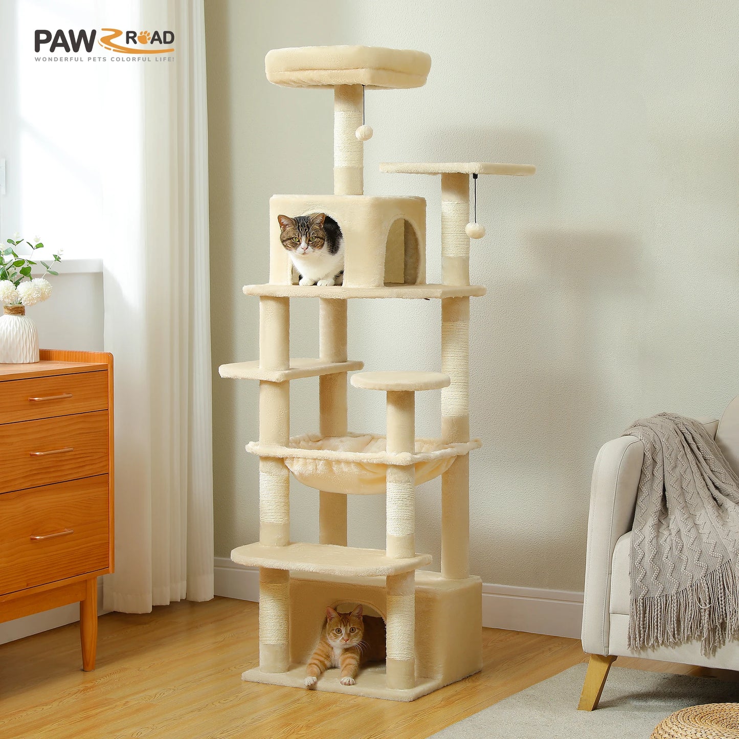 Grand arbre à chat multi-niveaux avec hamac, niches et griffoirs en sisal