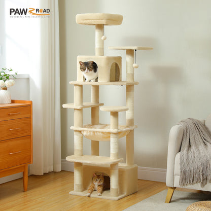 Grand arbre à chat multi-niveaux avec hamac, niches et griffoirs en sisal
