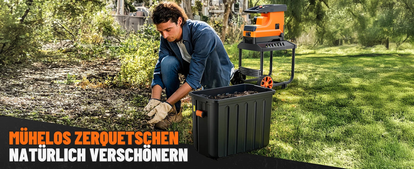 Broyeur de jardin DOVAMAN 2800 W, moteur sans balais 400 Nm, rouleau à 6 dents, capacité de 45 mm, bac de 60 L, silencieux et protégé contre les surcharges